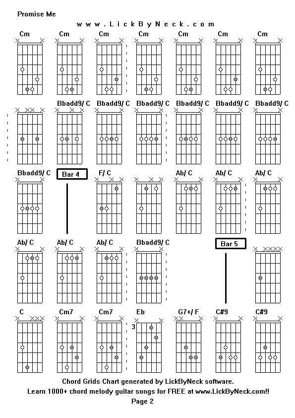 Chord Grids Chart of chord melody fingerstyle guitar song-Promise Me,generated by LickByNeck software.